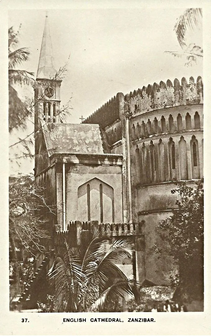 Vintage photo of the Anglican cathedral tower among palms