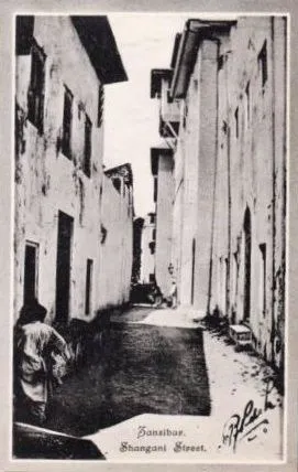 Vintage photo of Shangani Street, a narrow street between tall whitewashed buildings
