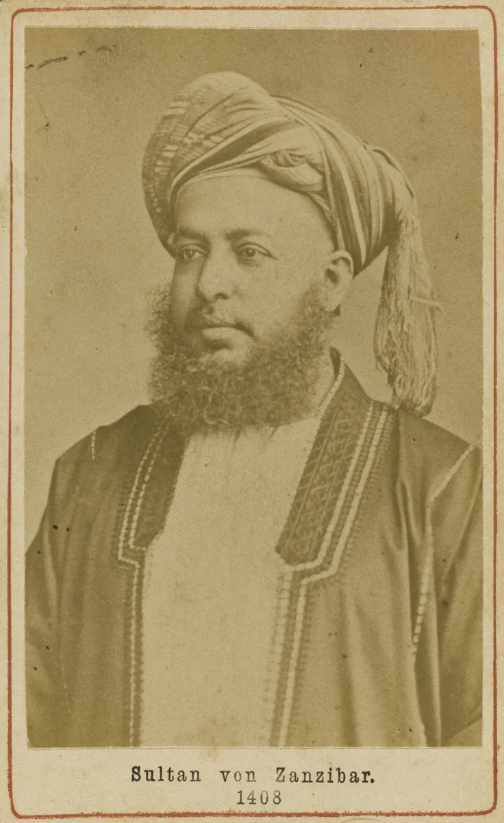 Sepia studio portrait of a bearded Sultan of Zanzibar in a turban
